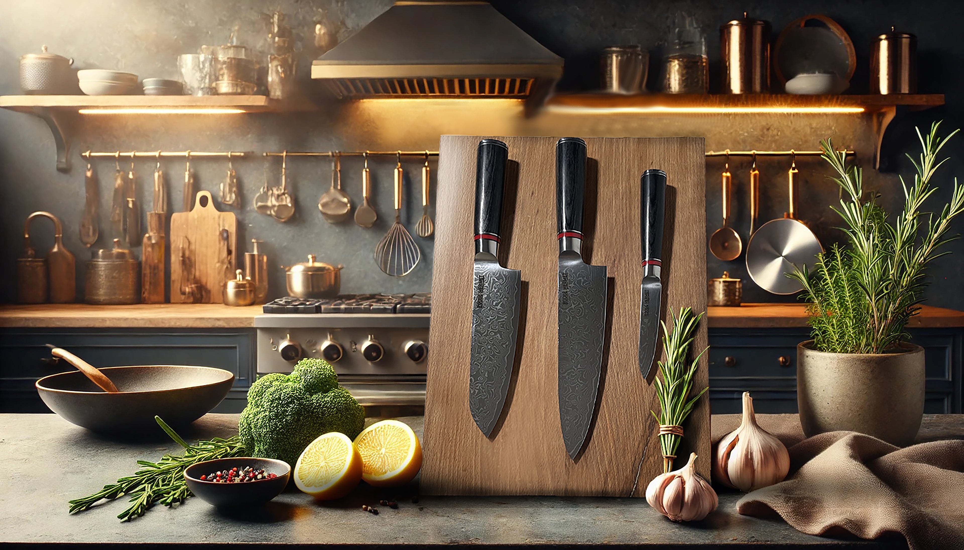 Trois couteaux de cuisine de qualité en acier damas et tranchants sont soigneusement alignés sur un support en bois, au premier plan d'une cuisine rustique et chaleureuse.
