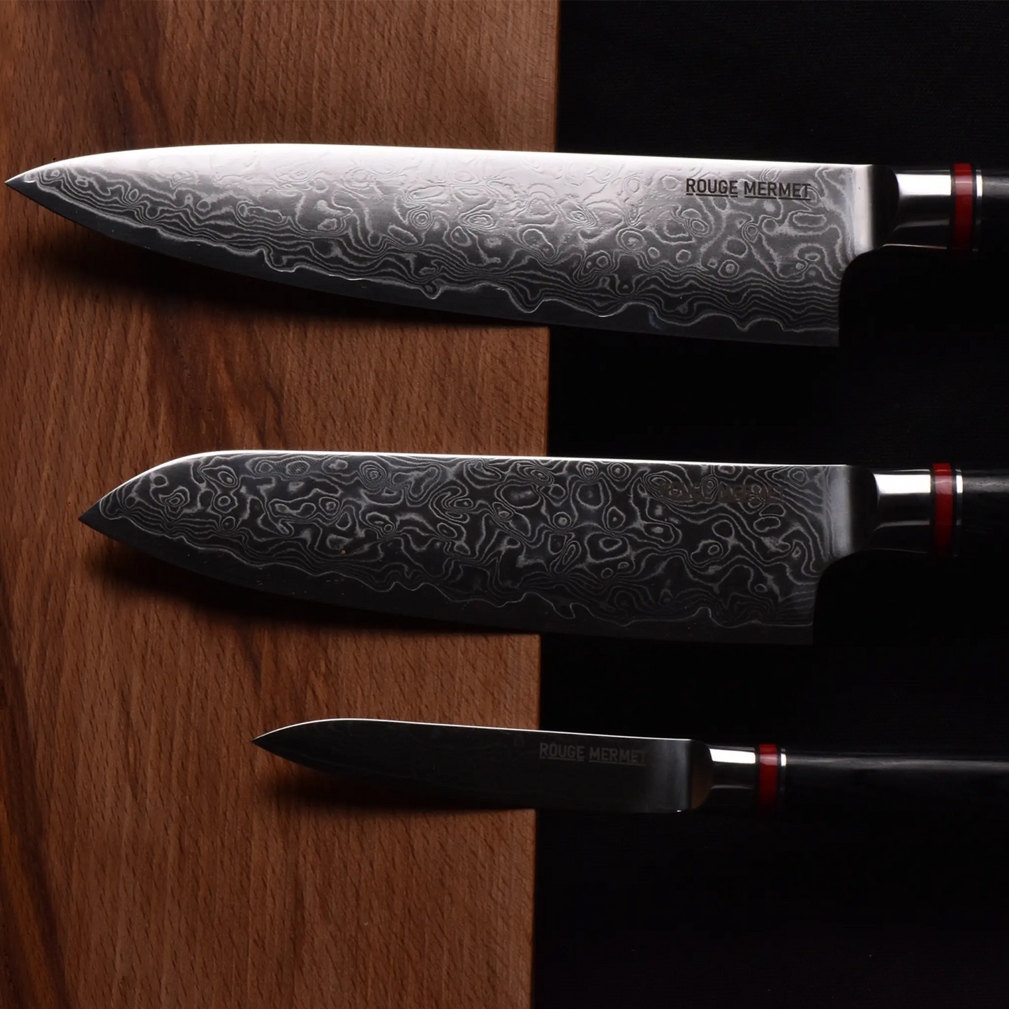 Set de 3 couteaux Rouge Mermet en acier Damas VG10 : couteau de chef, santoku et couteau d’office