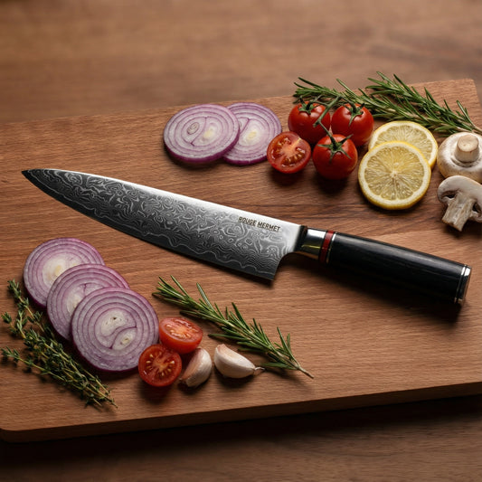 Couteau de chef Rouge Mermet en acier Damas VG10 sur une planche à découper