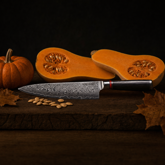 Couteau de chef Rouge Mermet en acier Damas VG10 posé sur une planche en chêne, devant une butternut coupée en deux et une petite citrouille