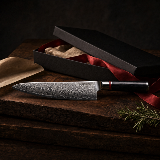 Couteau de chef Rouge Mermet en acier Damas VG10 devant un coffret cadeau noir et un ruban rouge