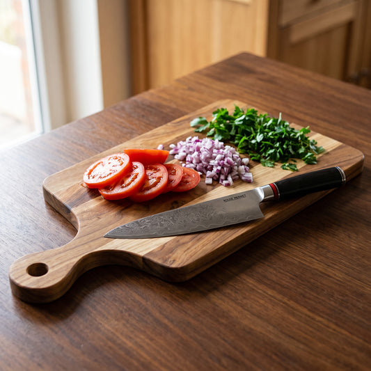 Planche à découper en chêne avec le couteau de chef Rouge Mermet, tomates, oignon rouge et persil